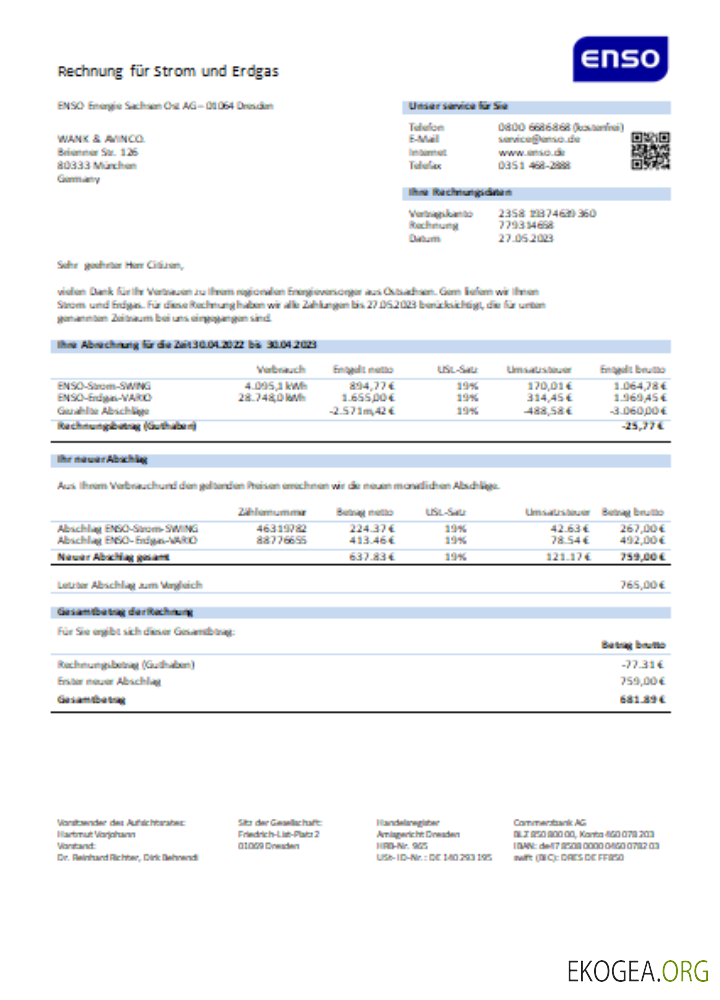 Facture commerciale du service public d'électricité ENSO SCR